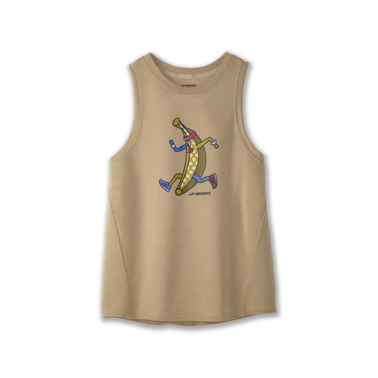 Brooks DISTANCE GRAPHIC Running Tank Top Womens Outlet - Heather Oatmeal/Banana/Black (AWP105296)